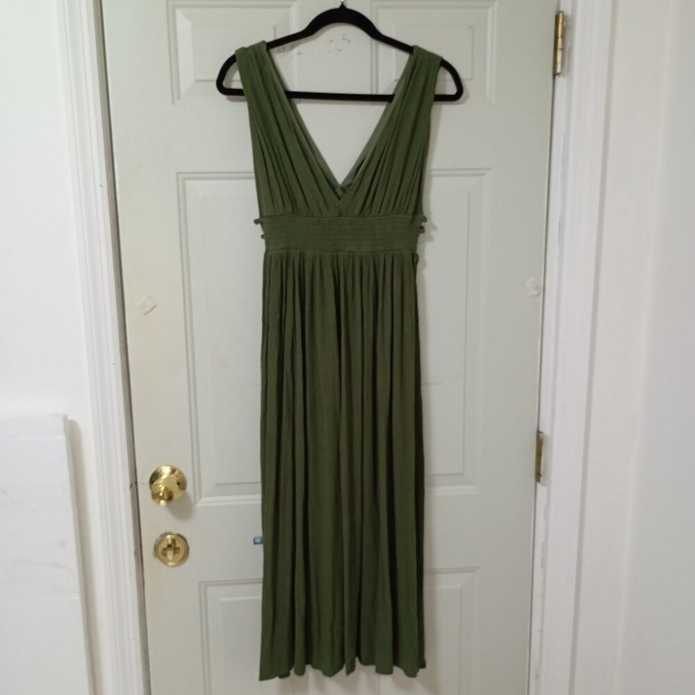 Just Found Maxi Dress XL Empire Court Olive Green V Neck With Smocked Waist
